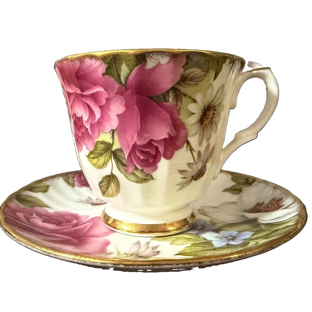Vintage Duchess Bone China Teacup Saucer England Pink Roses Floral Gold Trim